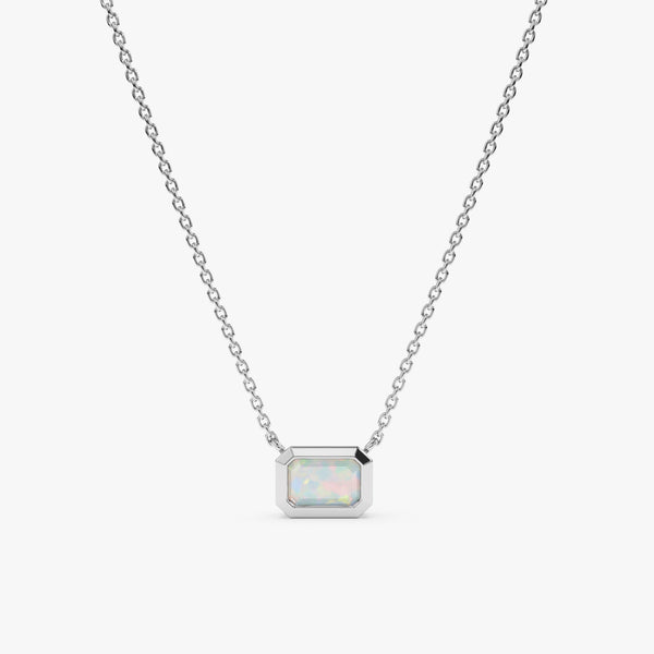 solid 14k White Gold Natural Opal Pendant necklace