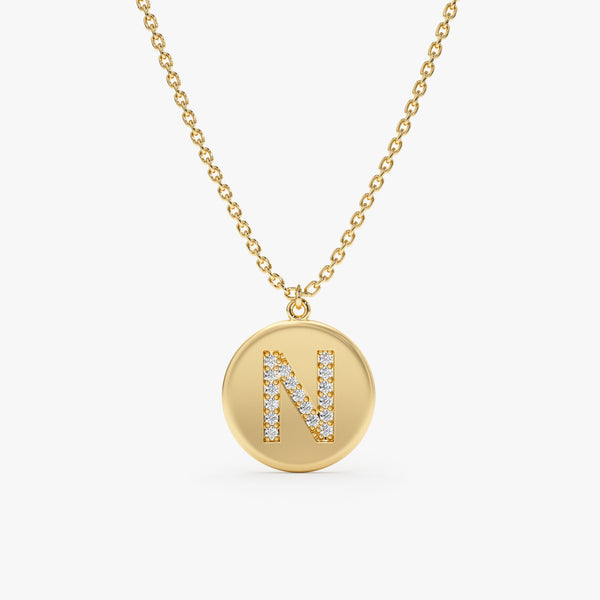 solid Yellow Gold Diamond Initial disc Necklace