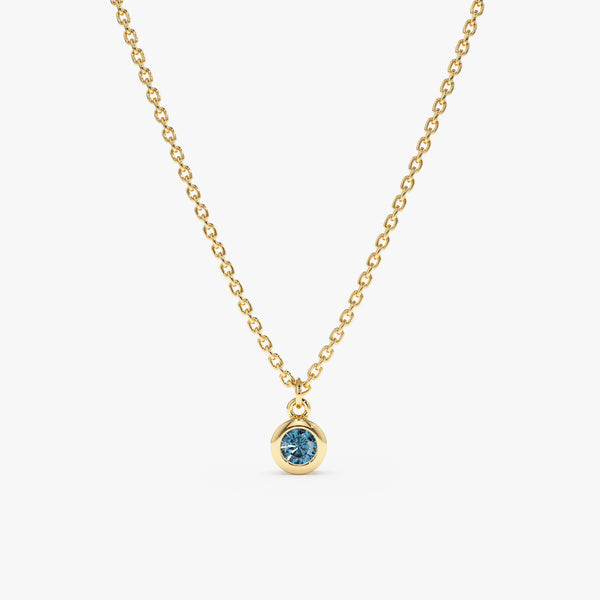 solid Yellow Gold Blue Topaz bezel charm Necklace
