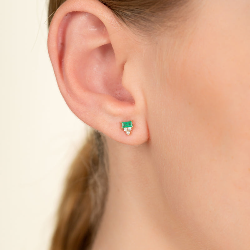 Dainty Natural Emerald and Diamond Gold stud Earrings