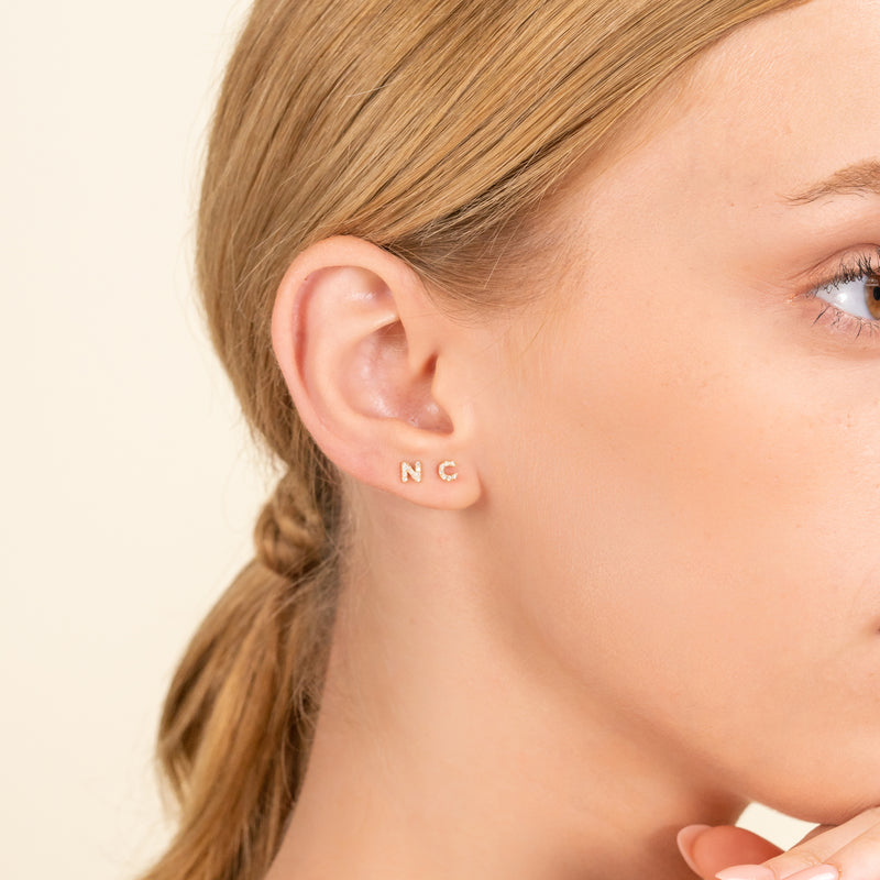Handmade Natural Diamond and solid 14k Gold Mini Letter stud earrings