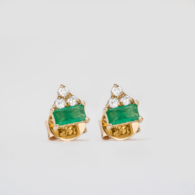 Pair of simplistic solid Gold baguette Emerald Diamond stud earrings