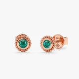 Handmade pair of solid 14k rose gold emerald studs in beaded frame art deco style