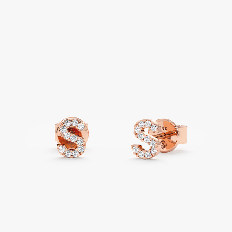 14k solid Rose Gold Diamond Initial Stud Earrings