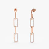 Pair of handcrafted 14k soild rose gold drop down chain link earring studs lined with diamonds