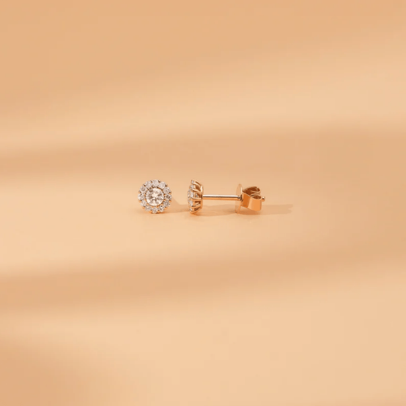 Side view of Solid 14k Gold Halo Diamond earring Studs