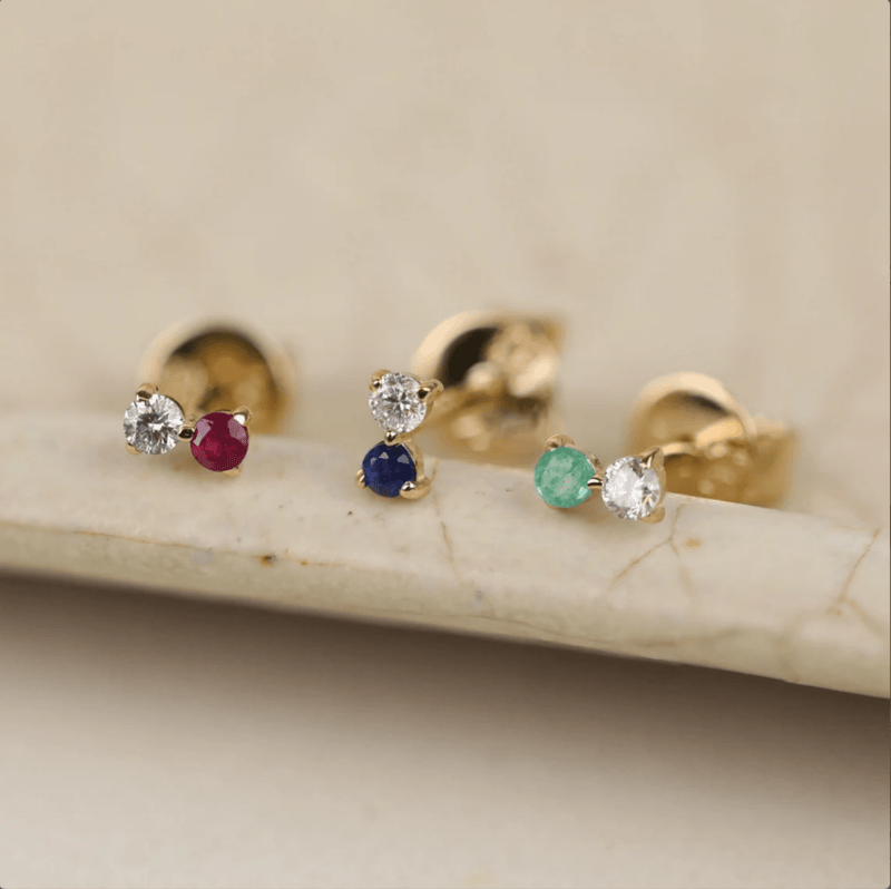 Delicate double stone earring studs with various gemstones