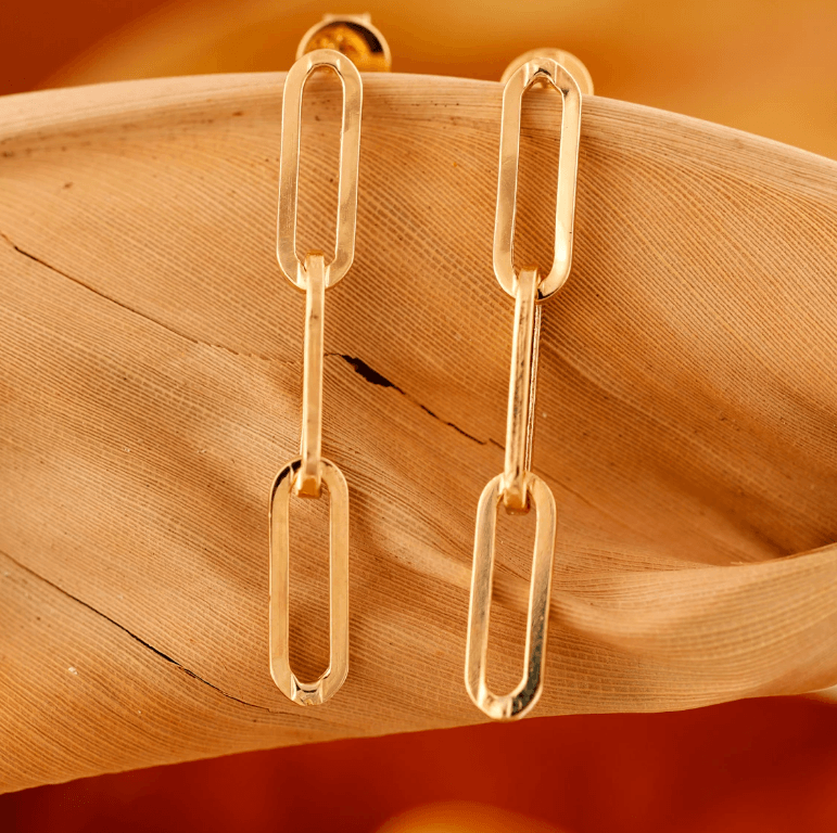 3 Links Paperclip Earrings in solid 14k gold 