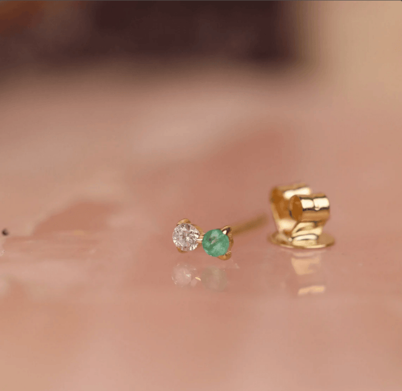 Handmade dainty double stone stud earrings with emerald and natural diamond for her
