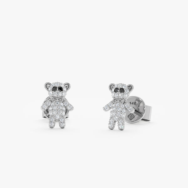handcrafted solid White Gold Diamond Teddy Bear Stud Earrings
