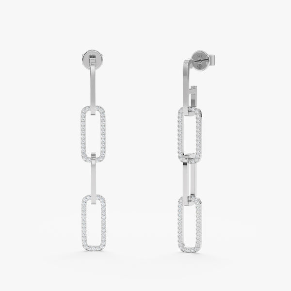 Pair of solid 14k white gold chain link drop earring studs lined in white diamonds