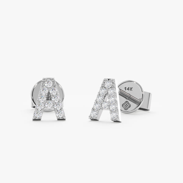 handcrafted pair of solid 14k white gold diamond lined capital letter stud earrings for her