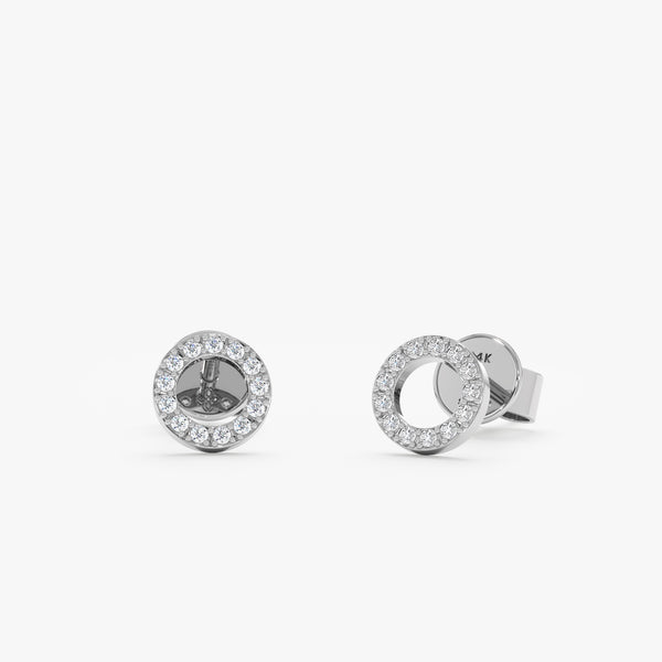 Handcrafted pair of 14k solid white gold halo disc earring studs lined in diamonds