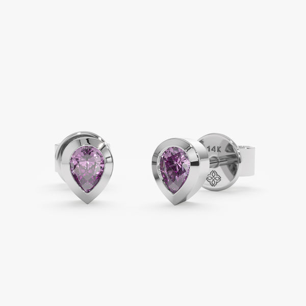 Handcrafted pair of solid 14k white gold pear cut amethyst stud earrings