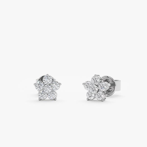 Handcrafted pair of solid 14k White Gold Diamond Flower Earring studs
