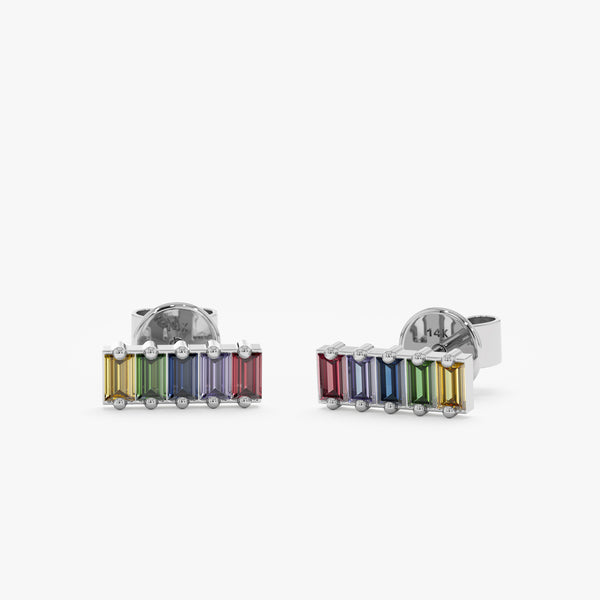 Handcrafted pair of White solid Gold Sapphire Rainbow bar stud Earrings