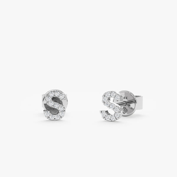 Handmade pair of White Gold Diamond Initial Stud Earrings in 14k solid white gold