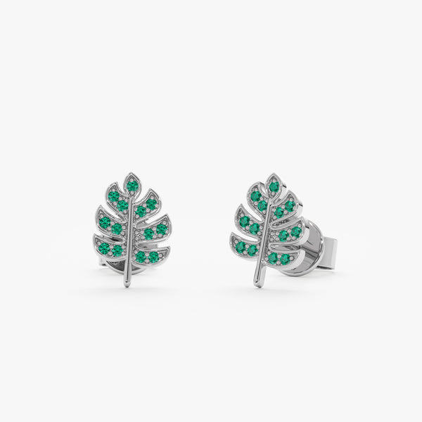 Handcrafted pair of White Gold Emerald Palm Leaf Stud earrings