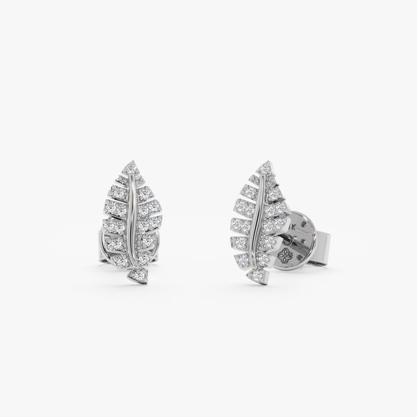 Handcrafted White Gold Diamond Leaf Studs 