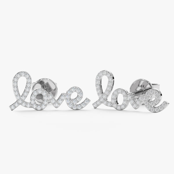 Pair of handcrafted solid 14k White Gold and Diamond Love Stud Earrings
