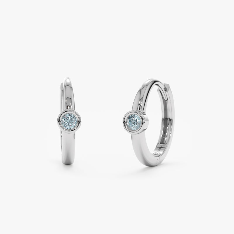 Handcrafted pair of solid 14k White Gold Aquamarine Huggies