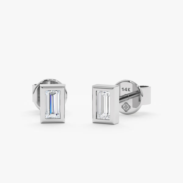 handcrafted solid 14k white gold baguette stud earrings