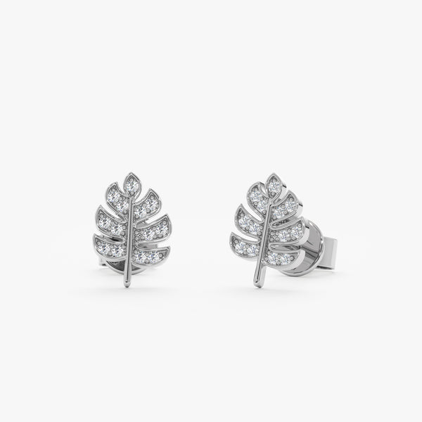 Pair of handmade White Gold Diamond Palm Leaf Stud Earrings