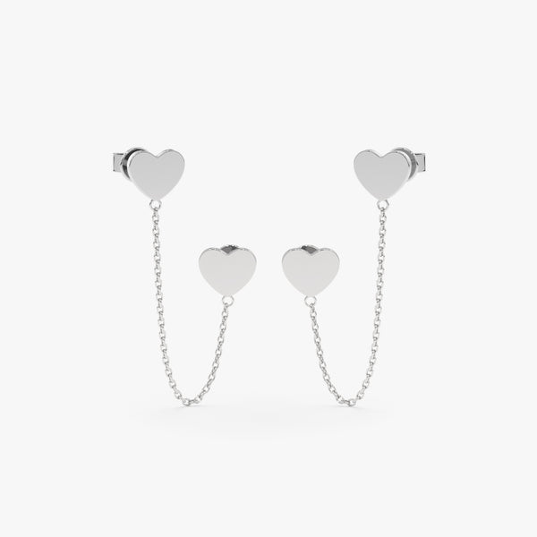 handcrafted pair of solid 14k White Gold Heart Chain Stud earrings