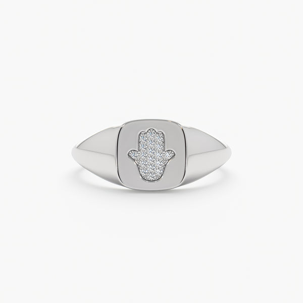 White Gold Hamsa Hand Ring with April Birthstone White Diamonds