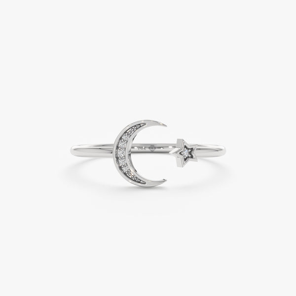 White Gold Open Moon and Star Ring