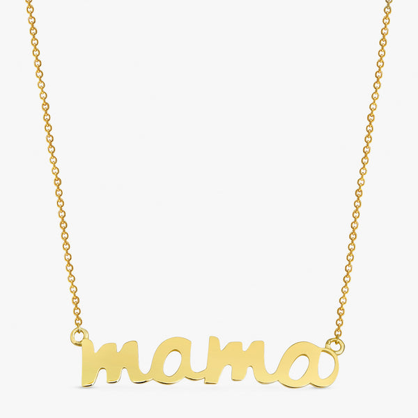 Custom solid gold cursive name necklace on a white background.