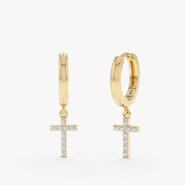 Handmade pair of Gold cross charm huggies with Diamonds