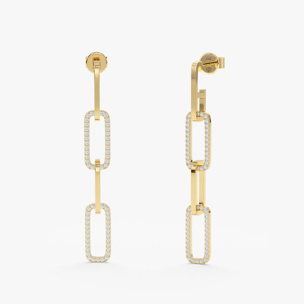 Pair of solid 14k gold triple chain link drop earring studs with lined diamonds 