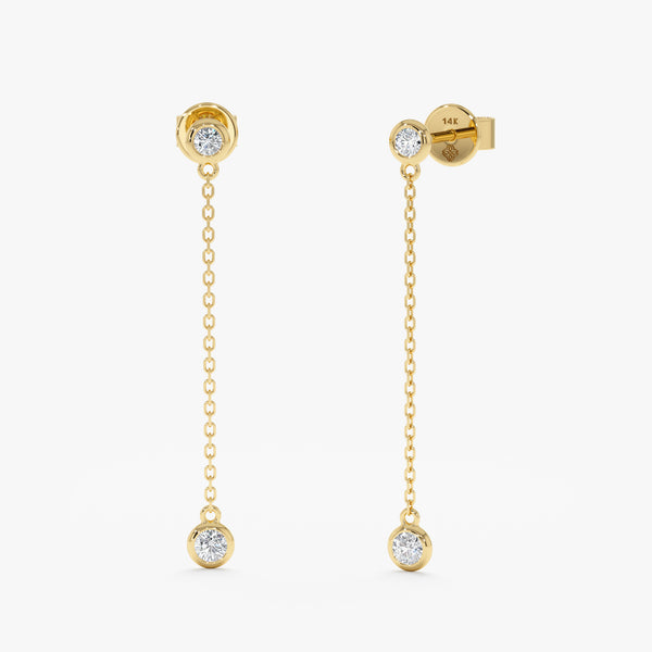 Handmade pair of solid 14k gold long diamond bezel hanging earring studs