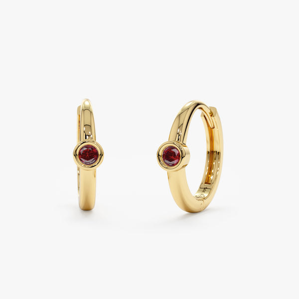 Handmade pair of solid 14k Gold Ruby Huggie hoop earrings