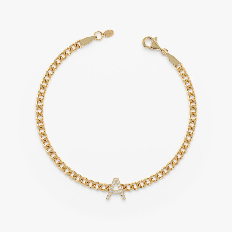 Solid Gold Diamond Initial Cuban Chain Bracelet
