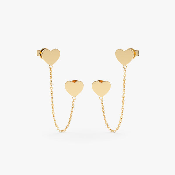 Solid Gold Double Heart Chain Earrings