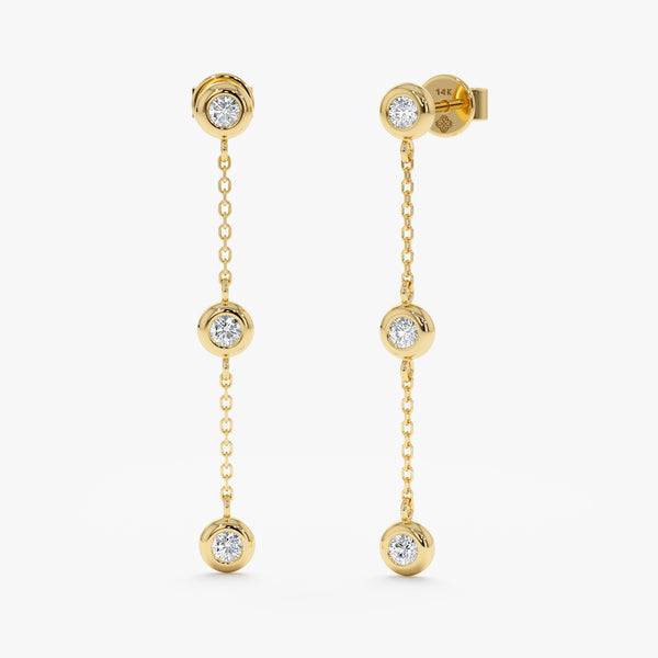 Handmade pair of solid 14k Yellow Gold Diamond 3 Station Drop Earrings