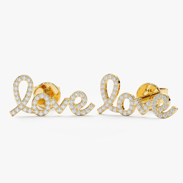 Pair of handmade solid 14k Gold and Diamond Love Stud Earrings