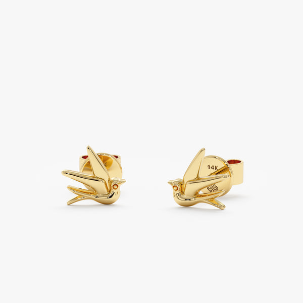 Handmade pair of 14k Solid Gold Swallow Bird Earring studs