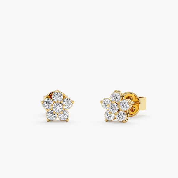 Handmade pair of solid 14k gold Diamond Flower Earring studs