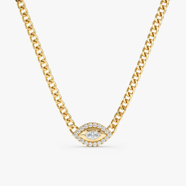 Cuban Chain Diamond Evil Eye Necklace in solid gold
