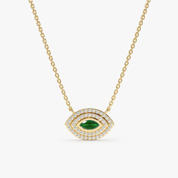 Emerald and Diamond Evil Eye Necklace in solid gold