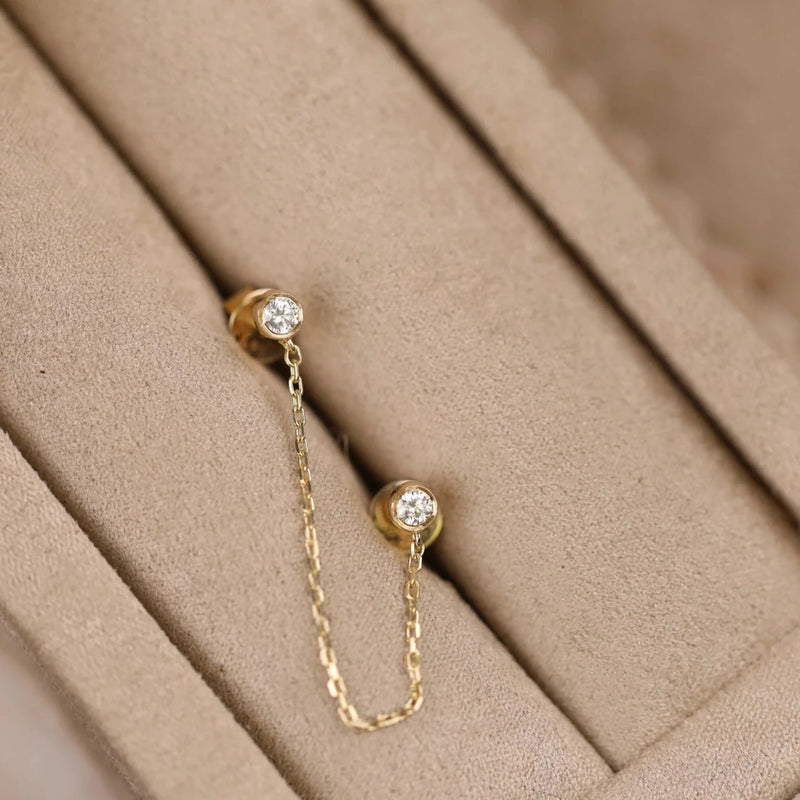 Pair of handcrafted solid gold petite chain earring studs for her