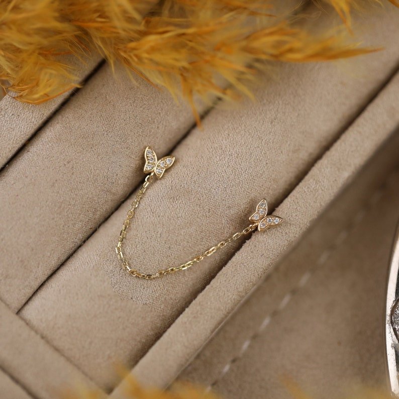 Minimalist Diamond Butterfly stud Earrings with hanging chain 