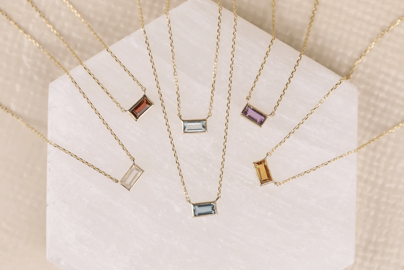 Handmade Baguette cut natural Birthstone necklaces in solid gold for her