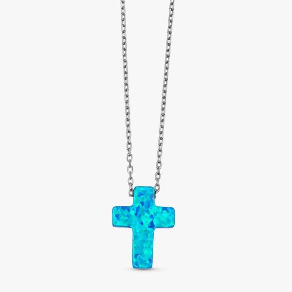 white gold chain necklace with blue opal cross pendant