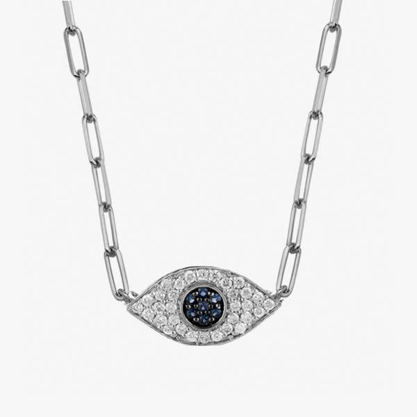 solid 14k white gold evil eye paperclip chain  necklace with natural diamonds and blue sapphires