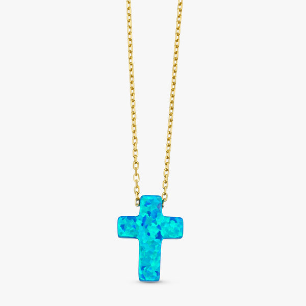 yellow gold chain with blue opal cross pendant