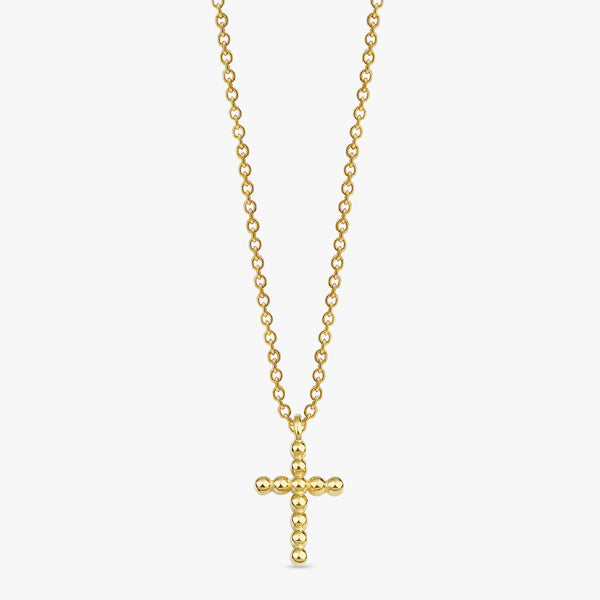Small beaded cross pendant necklace in solid gold